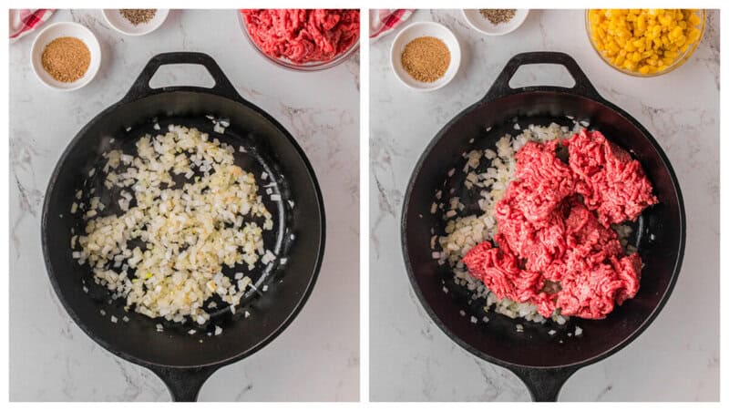 cooking the onions and the ground beef.