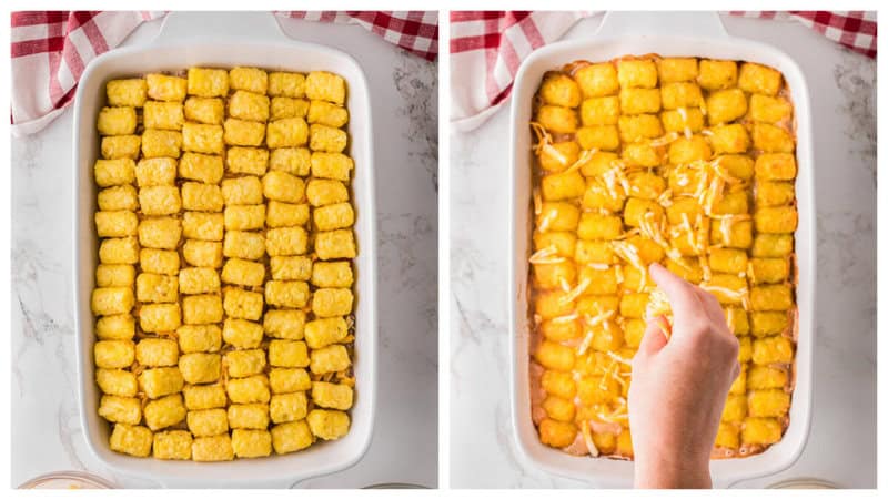 topping with a layer of the tater tots and then shredded cheese.