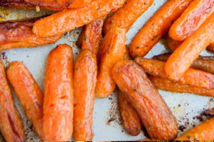 Roasted Ranch Carrots closeup on the baking sheet.