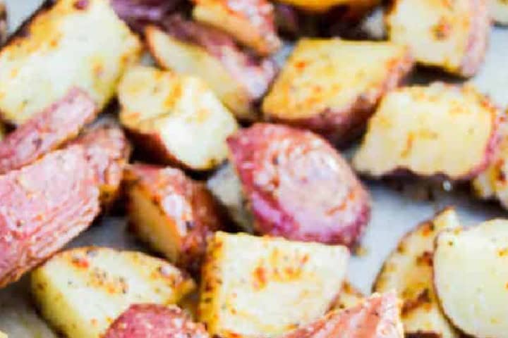 Roasted Red Potatoes on the baking sheet.