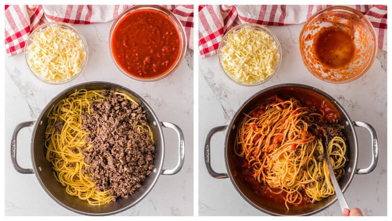 mixing the beef and the sauce together.