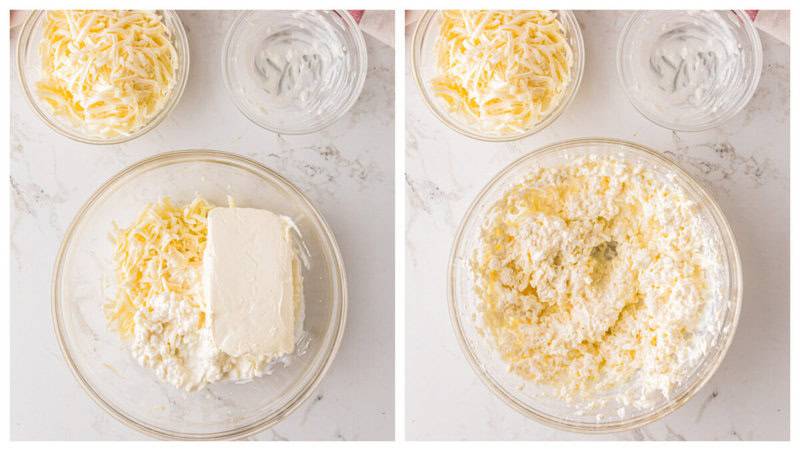 mixing the cheeses together in a glass bowl.