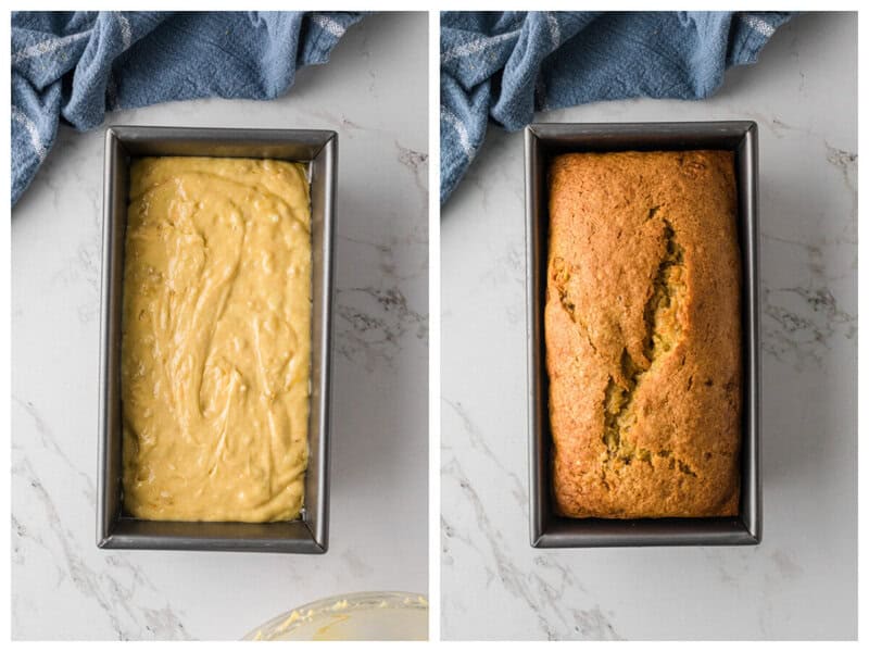 adding batter to a bread pan