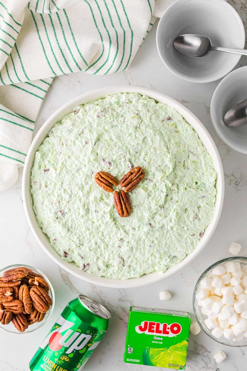 top-down view of the 7-Up Salad served in a white bowl.