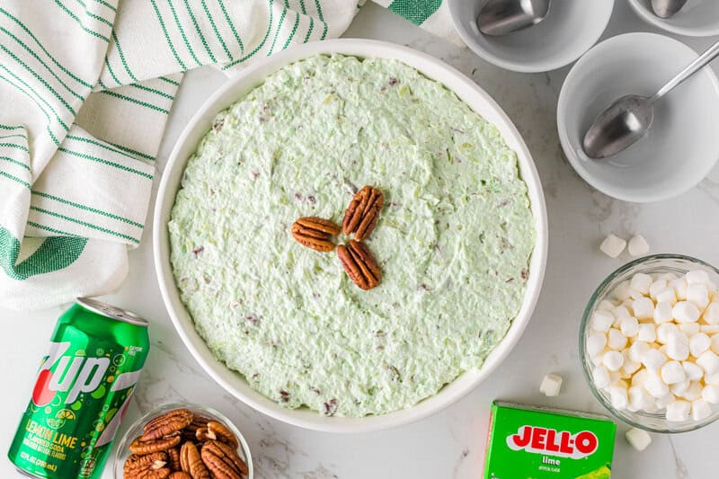 top-down view of the 7-Up Salad served in a white bowl.