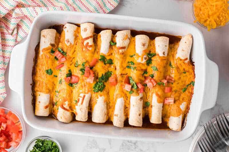 top-down view of the Beef Enchiladas in the baking dish.