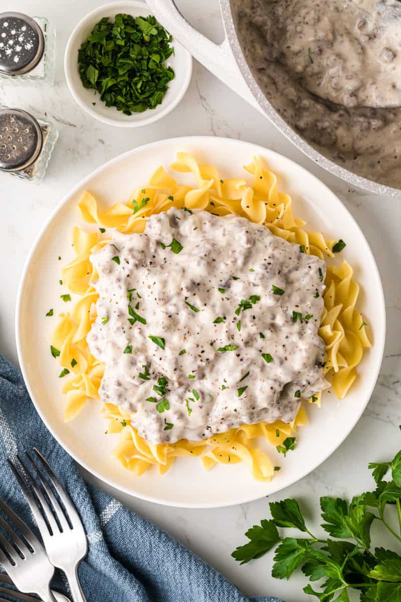 The Beef Stroganoff served on top of egg noodles.