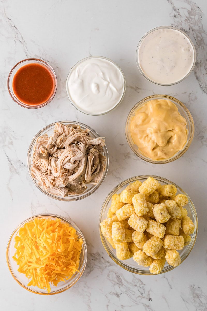 ingredients for the Buffalo Chicken Tater Tot Casserole.