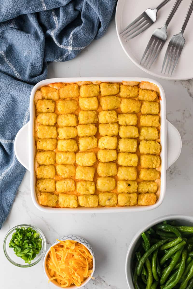 top-down view of the Buffalo Chicken Tater Tot Casserole.
