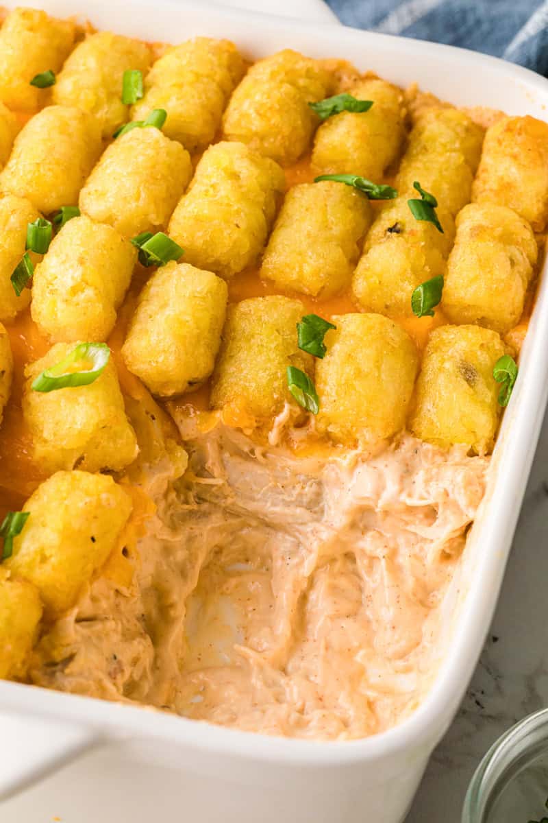 closeup of the Buffalo Chicken Tater Tot Casserole.