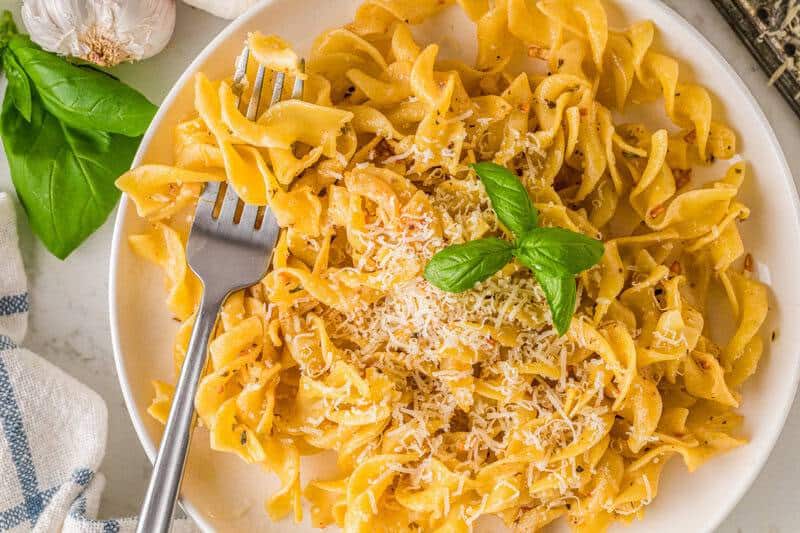 top-down view of the Butter Noodles on a white plate.