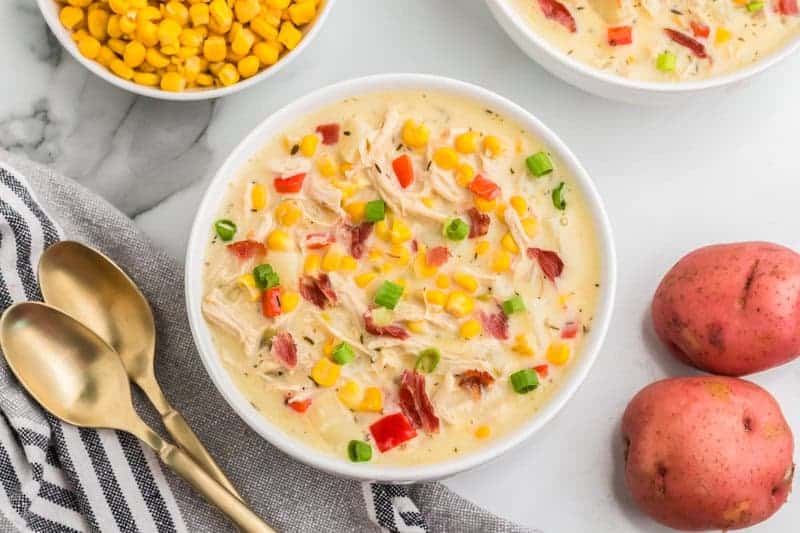 top-down view of the Chicken Corn Chowder.