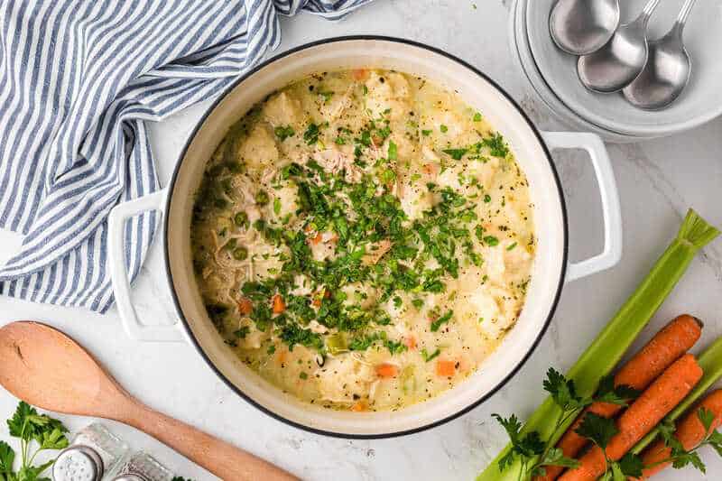 top-down view of the Chicken Dumpling Soup in the stock pot.