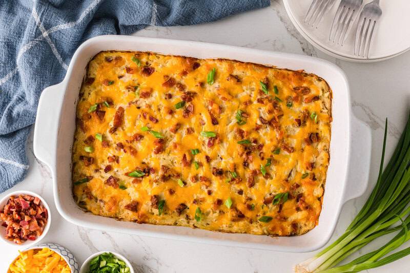 top-down view of the Crack Chicken Casserole in the casserole dish.