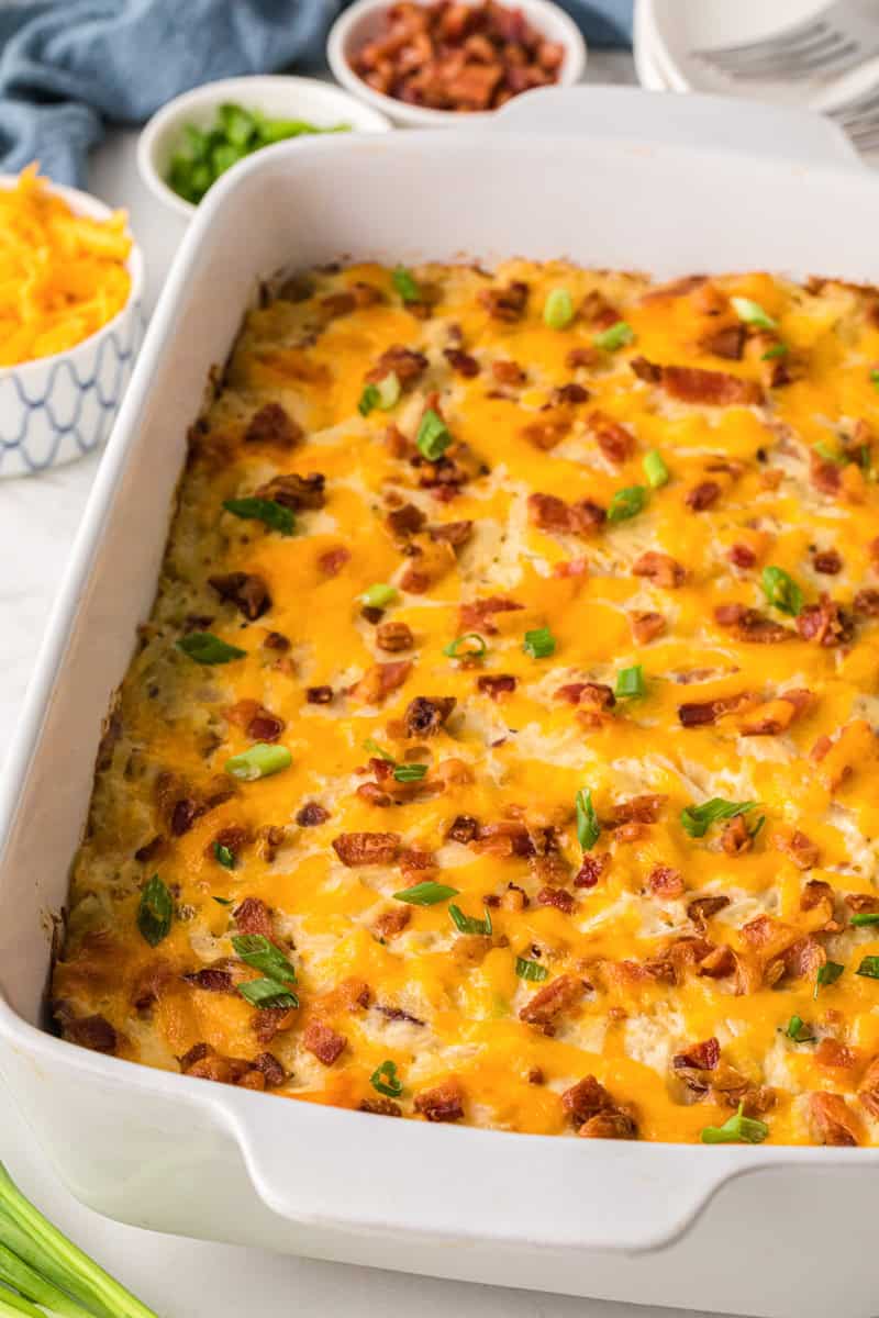 closeup of the Crack Chicken Casserole in the baking dish.