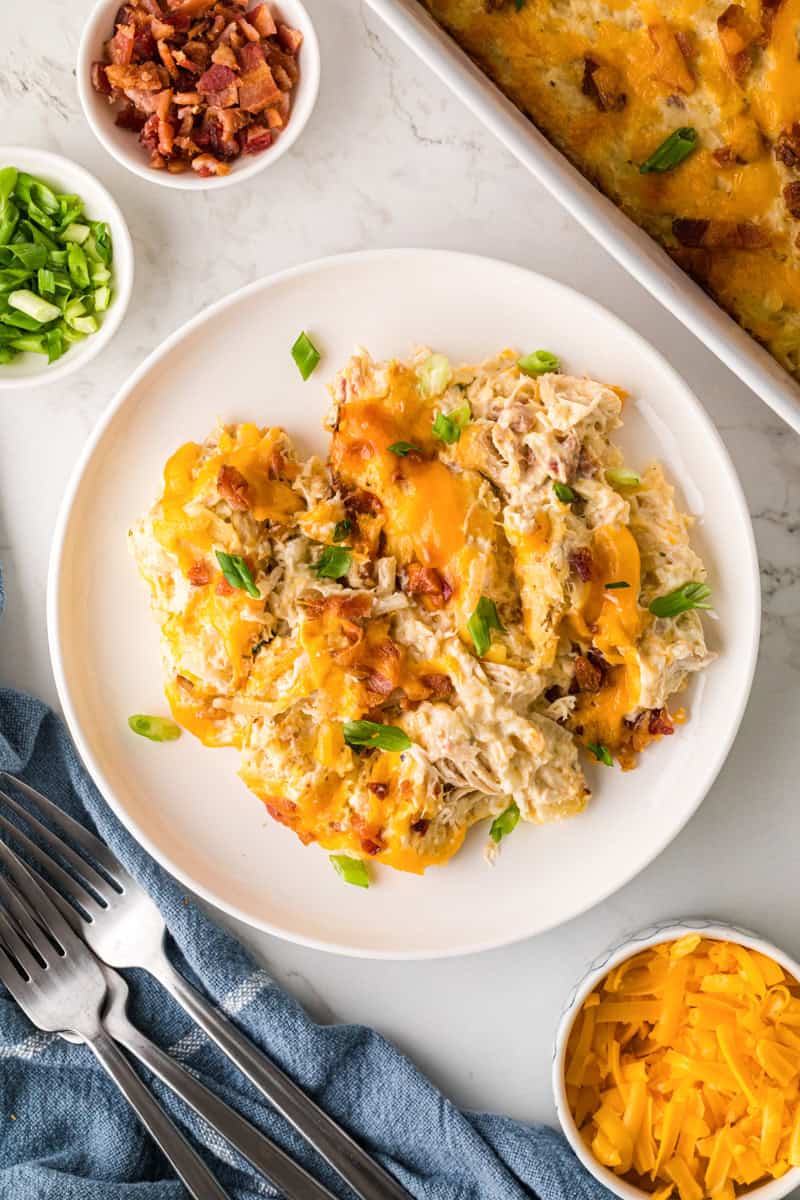 top-down view of the Casserole served on a white plate.