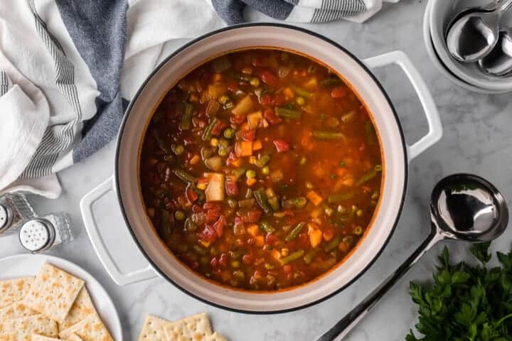 top-down view of the Vegetable Soup in the soup pot.