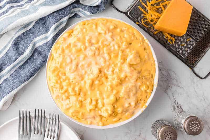 top-down view of the Velveeta Mac and Cheese in a white bowl.