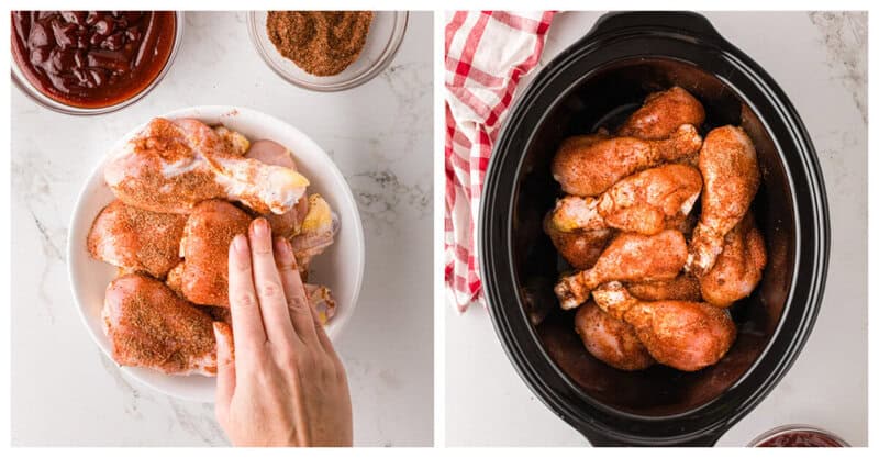 seasoning the chicken legs and then placing them in the slow cooker.