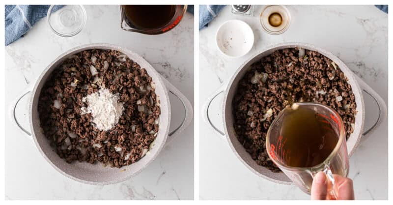adding the beef broth to the ground beef.
