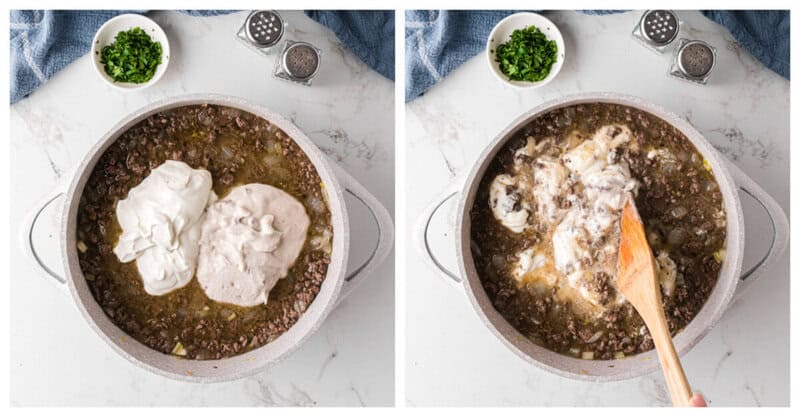 adding the soup and sour cream to the beef.