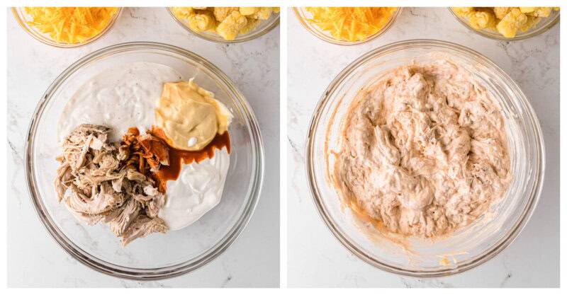 mixing together the ingredients for casserole in a glass bowl.