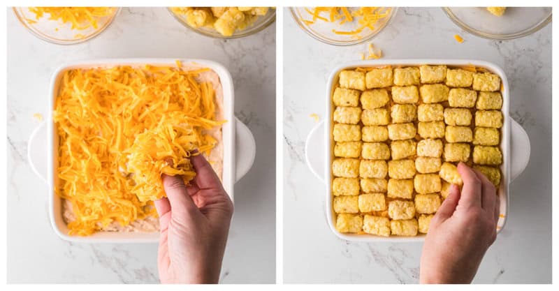 topping the casserole with cheese and tater tots.