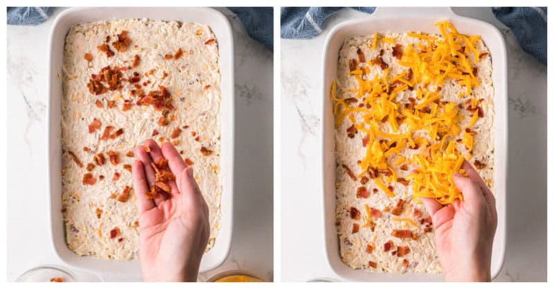 topping the chicken mixture with bacon and cheddar cheese.