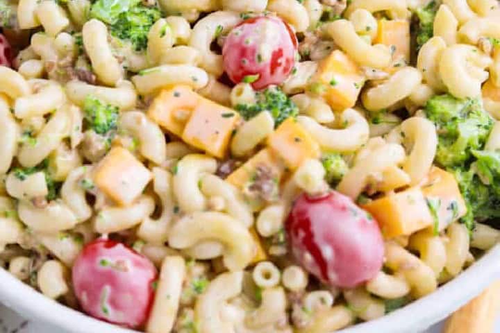 closeup of the Bacon Ranch Pasta Salad.