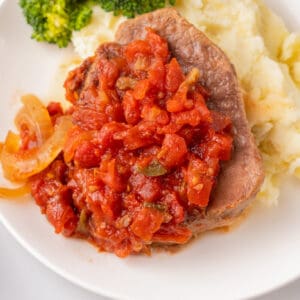 slow cooker steak close up recipe card