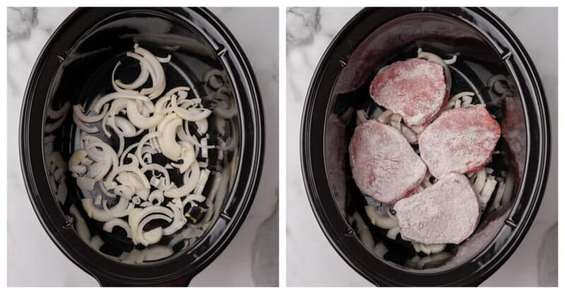 onions and steak in the slow cooker.