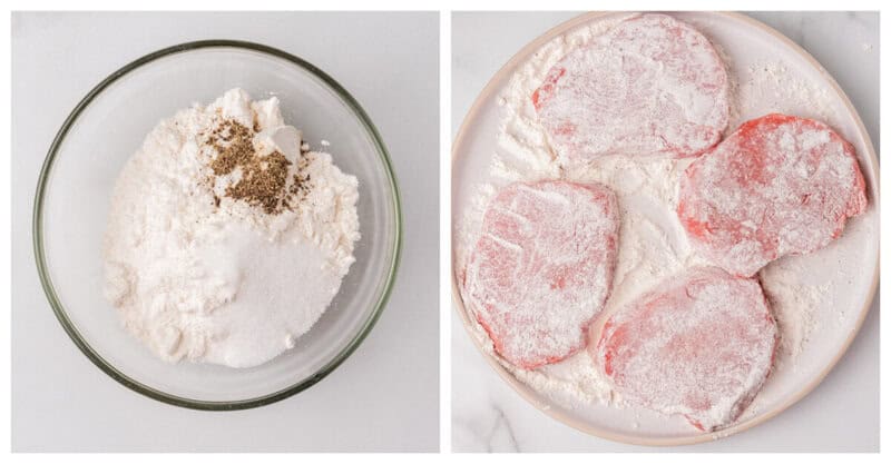 flour and seasonings in bowl and then dredging the steaks in the flour.