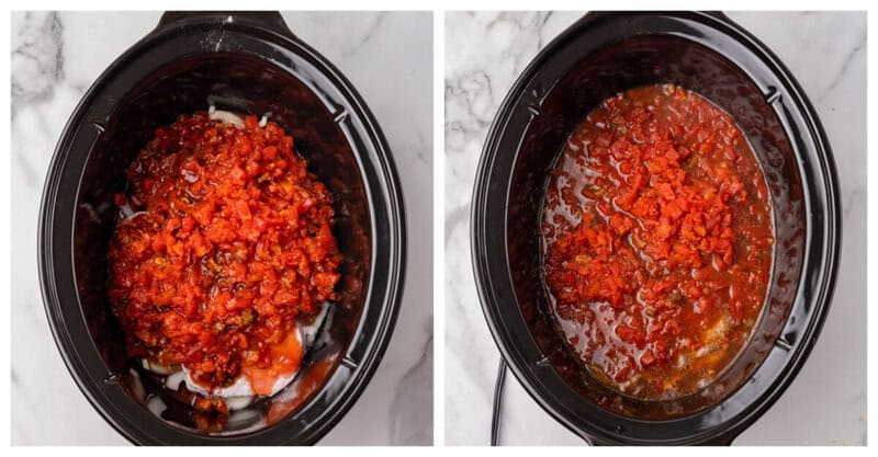 adding the tomatoes to the top of the steaks in the slow cooker.