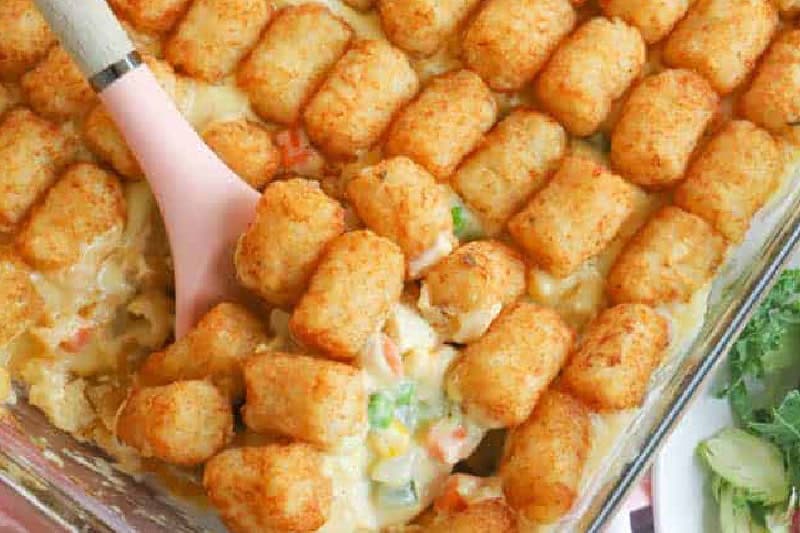top-down view of the Chicken Pot Pie tater Tot Casserole.