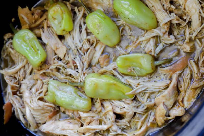 Slow Cooker Mississippi Chicken in the crockpot.