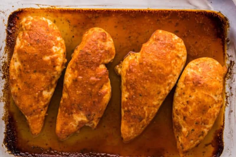 4 Buffalo Chicken Breasts in the baking dish.