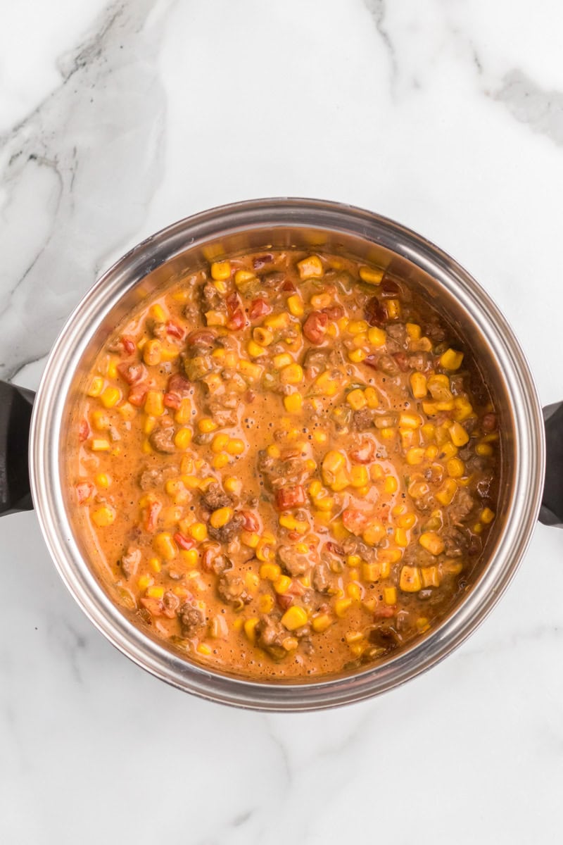 top-down view of the Beef Nacho Soup in the soup pot.