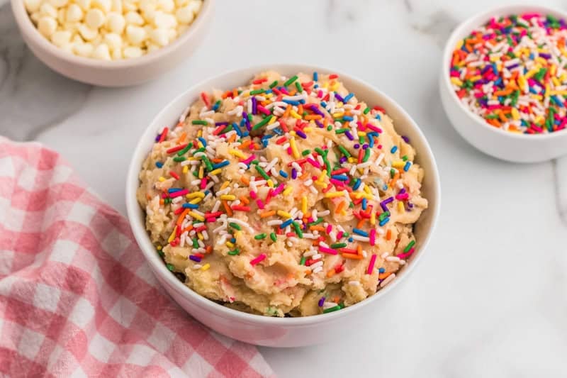 closeup of the Edible Cake Batter served in a white bowl.