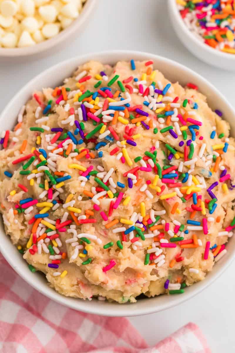 closeup of the Edible Cake Batter served in a white bowl.