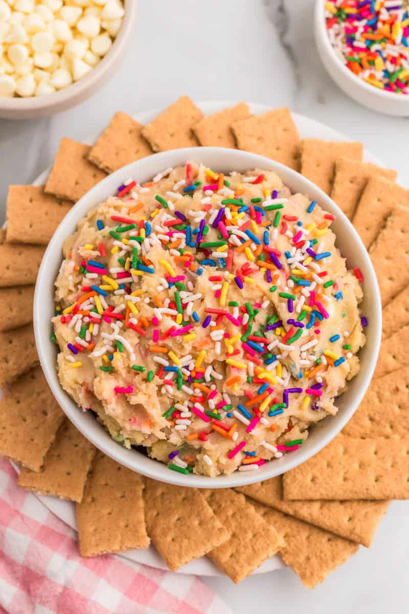 top-down view of the Edible Cake Batter served with graham crackers.