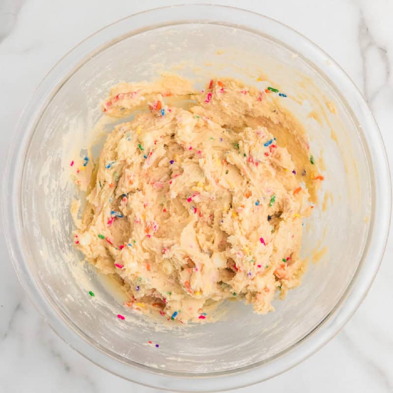 top-down view of the Edible Cake Batter in a glass bowl.