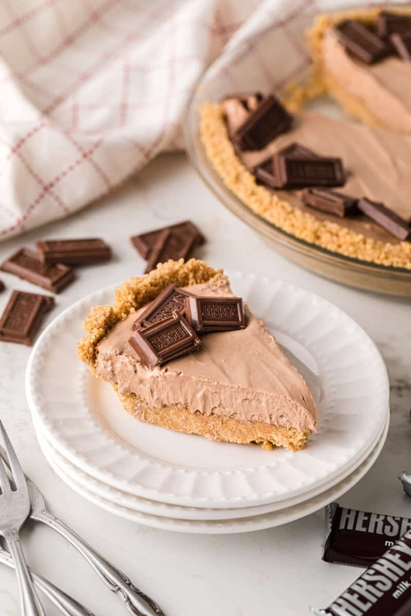 slice of the Hershey Pie served on a white plate.