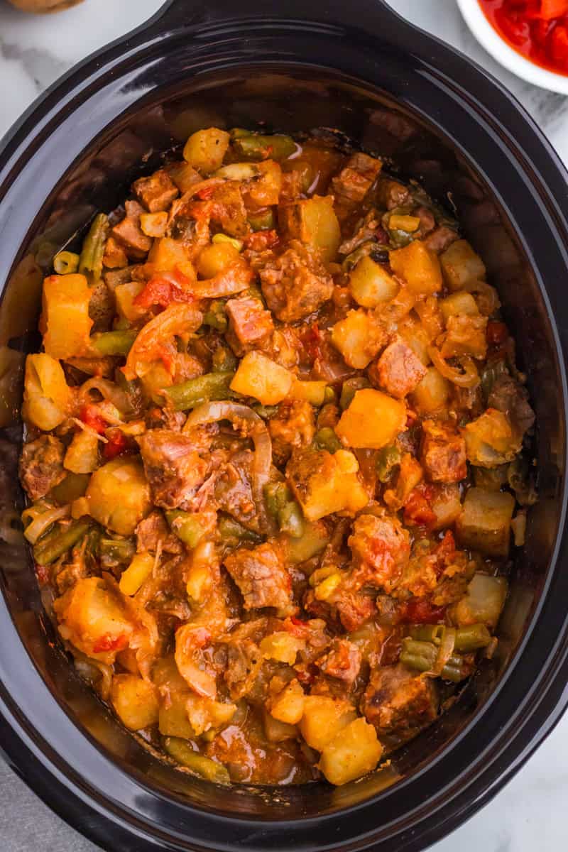 cooked steak and potatoes in the slow cooker.