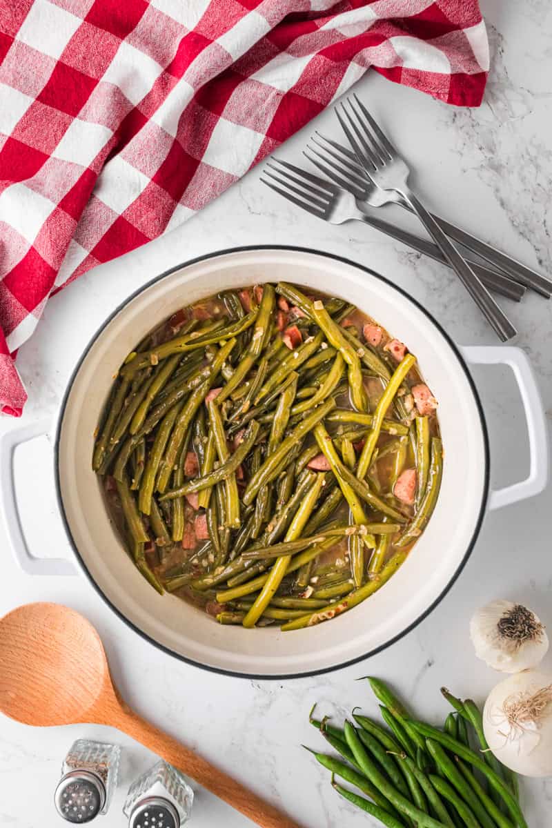 top-down view of the Southern Green Beans in the pot.