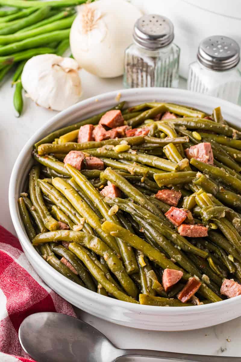closeup of the Southern Green Beans in a large white bowl.