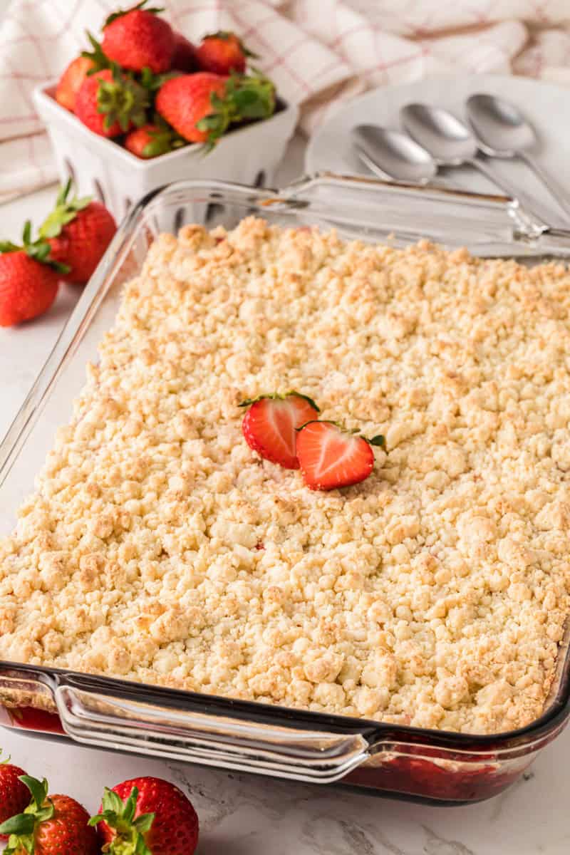 baked Strawberry Cheesecake Dump Cake in the dish.