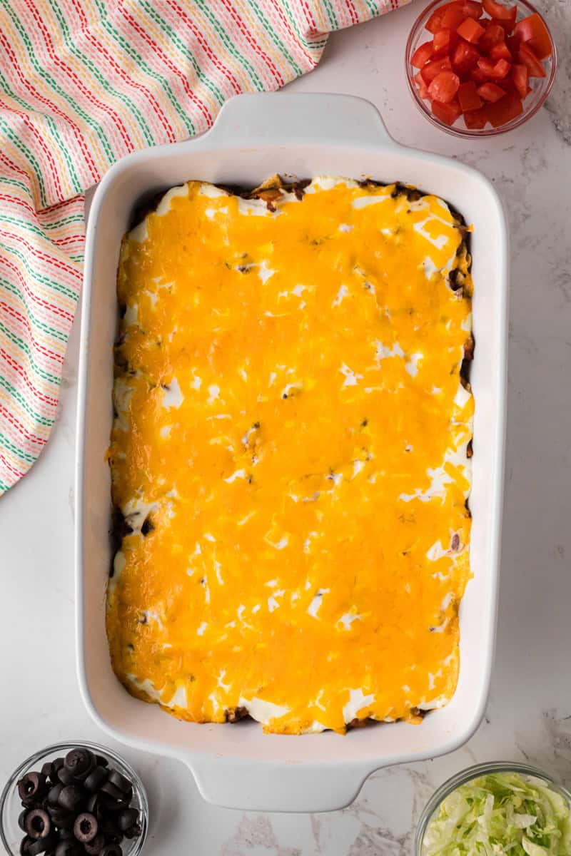 top-down view of the baked taco casserole.