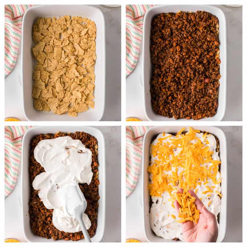 building the taco casserole in the baking dish.