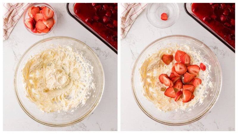 mixing together the cream cheese filling for the dump cake.