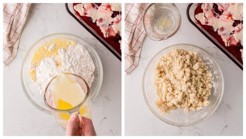 mixing together the ingredients for the crumble topping.